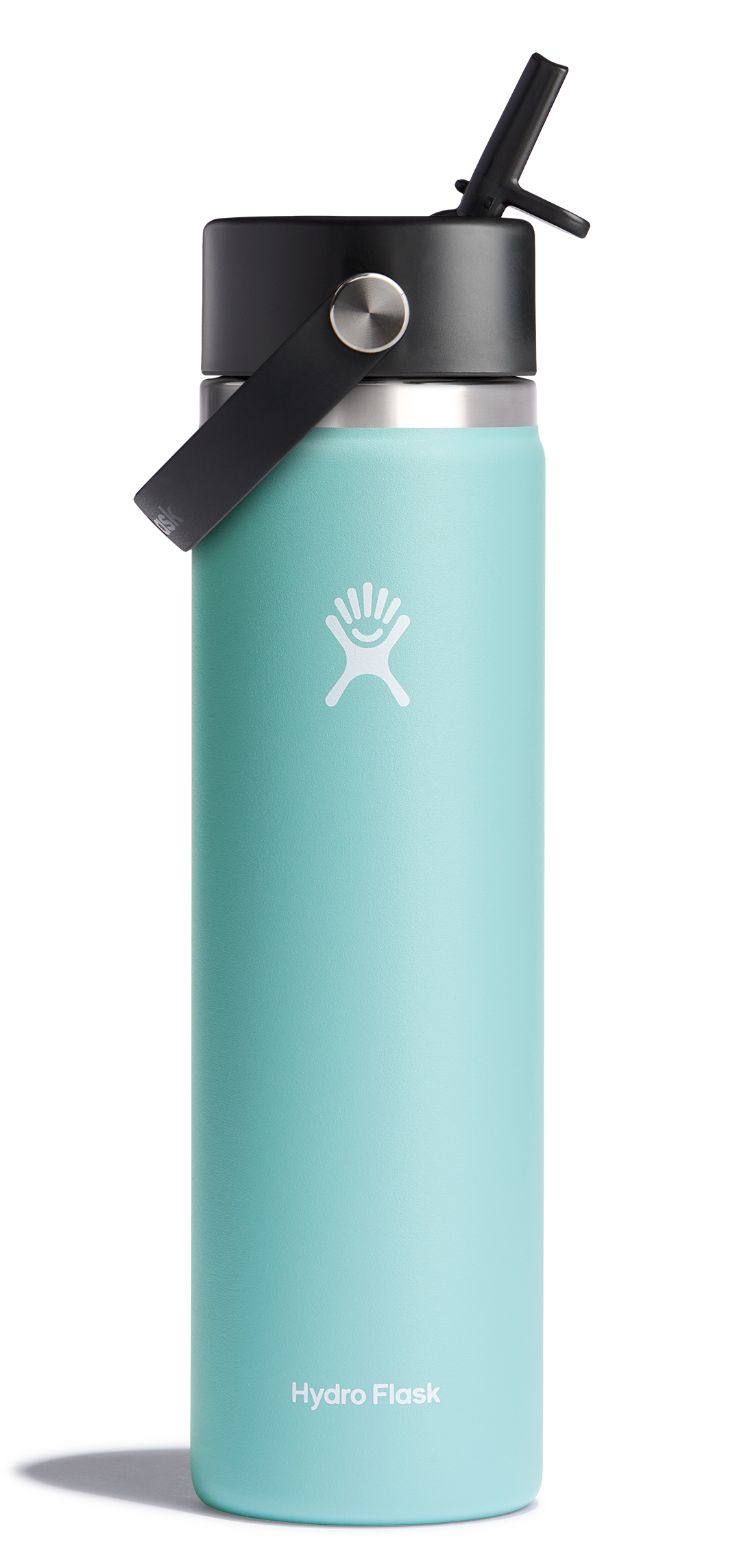 Hydro Flask Wide Mouth Insulated Water Bottle with Flex Straw Cap in teal color, perfect for keeping drinks cold or hot.